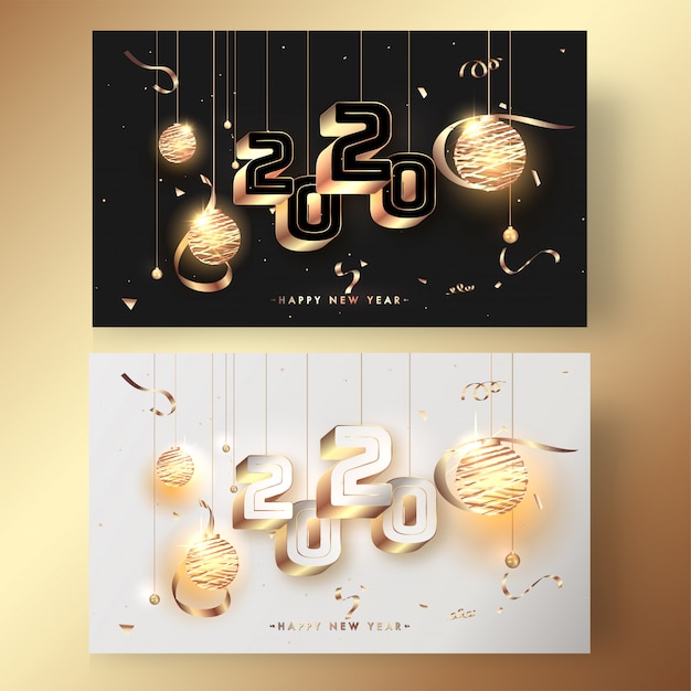 2020 greeting with hanging Illuminated Baubles and Golden Confetti banner