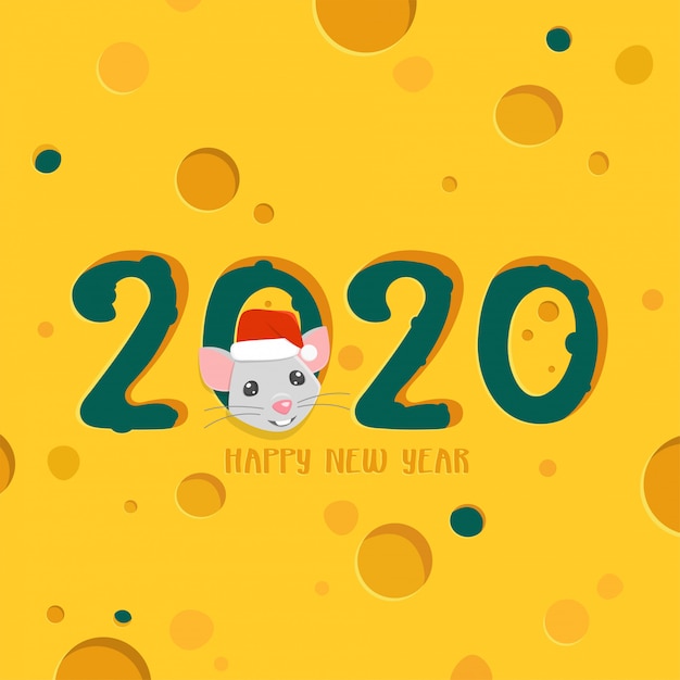 2020 Happy New Year greeting card. Cheese background with cartoon rat.
