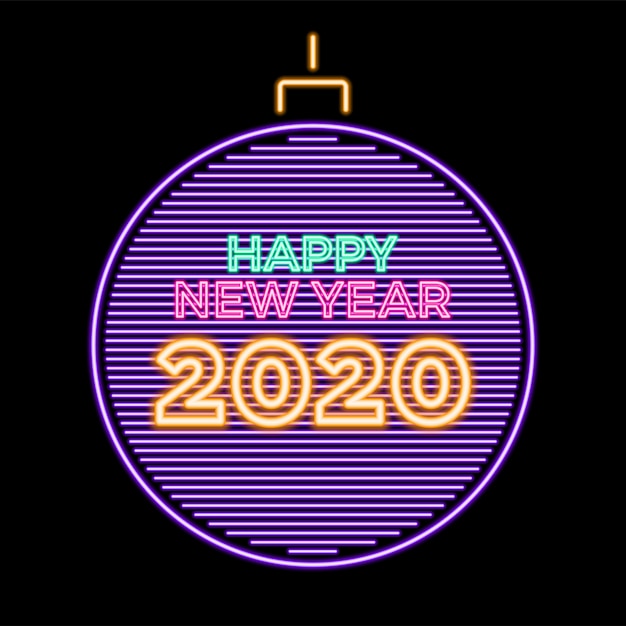 2020 neon luminoso felice anno nuovo nella sfera di natale