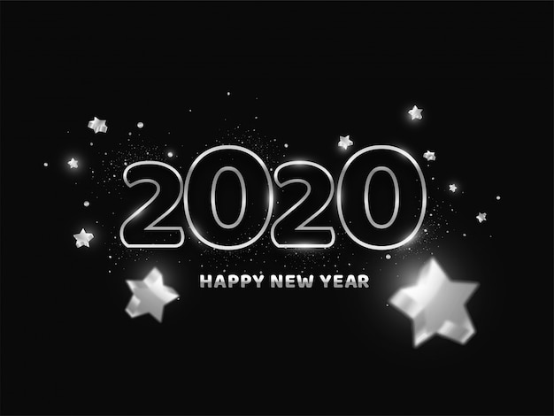 2020, Happy New Year-tekst versierd met 3D-sterren op zwart.