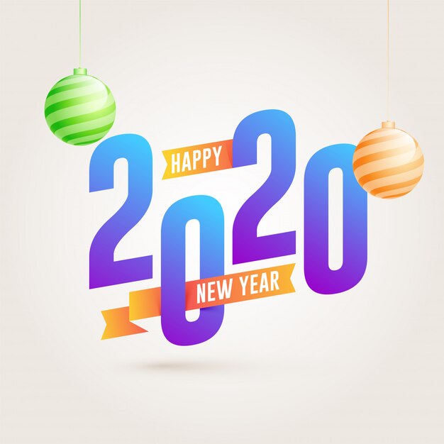 2020, happy new year text with hanging baubles on white