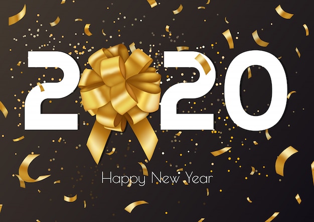 2020 Happy New Year vector background with golden gift bow, confetti, white numbers. Christmas design banner.