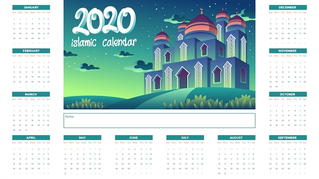 2020 islamic calendar with green mosque at night