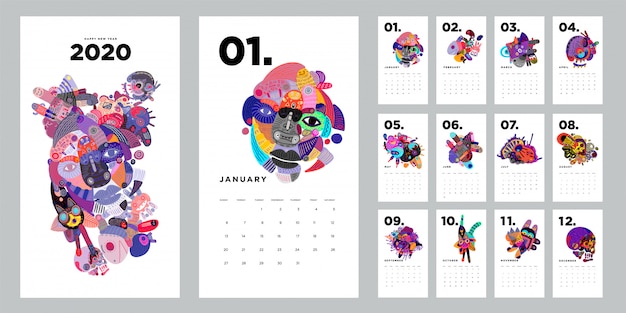 2020 kalender ontwerpsjabloon met kleurrijke abstracte doodle illustratie