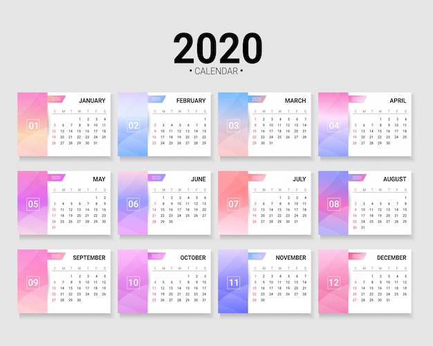 Vector 2020 kalendersjabloon, klaar om af te drukken
