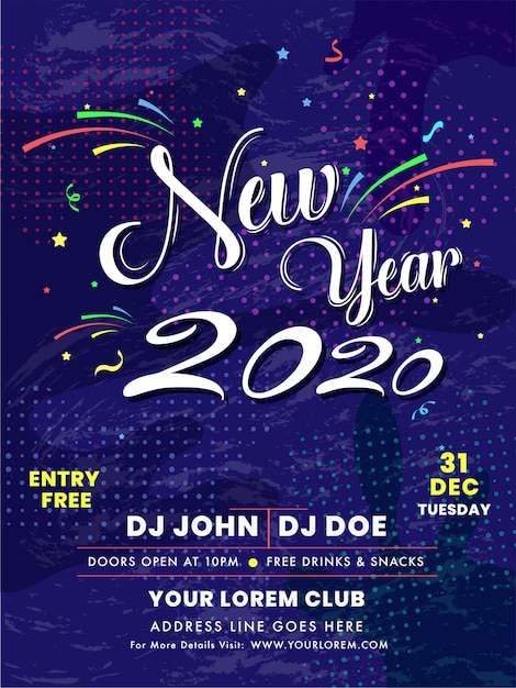 Vector 2020 new year celebration invitation card or template  with event details on purple halftone effect .