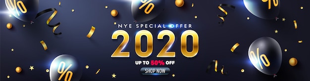 Vector 2020 new year eve promotion poster or banner with black balloons