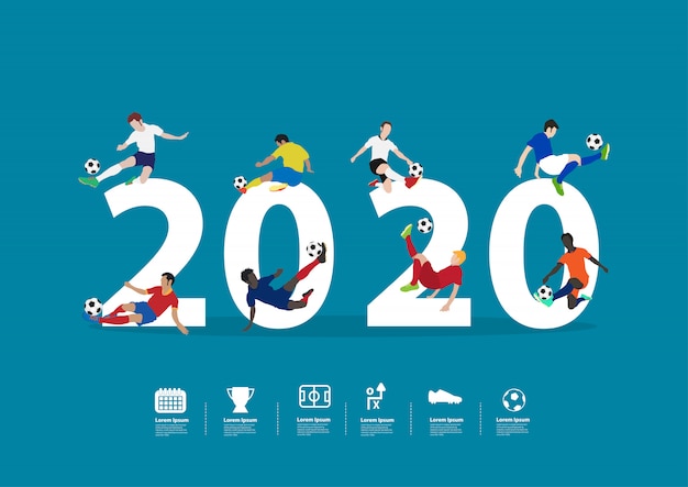 平らな大きな文字でアクションで2020年新年のサッカー選手