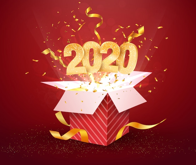 2020 number and open red gift box with explosions confetti isolated