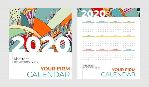 2020 pocket calendar abstract contemporary art vector set. Desk, screen, desktop months 2020, colorful calendar template