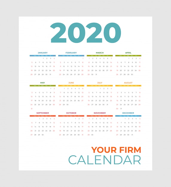 2020 regenboog pocket kalender vector sjabloon. Abstracte lege geïsoleerde vastgestelde 2020 kalender