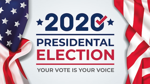 Vettore bandiera di elezioni presidenziali degli stati uniti d'america 2020. banner elettorale vota il 2020 con la bandiera americana
