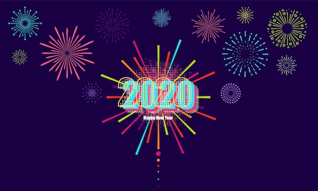 2020-wenskaart met inscriptie happy new year 2020 op vuurwerk achtergrond vectorontwerp