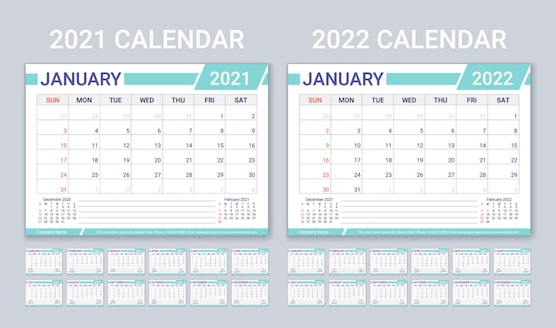 Calendari 2021 2022 anni. modello di pianificatore con 12 mesi. illustrazione vettoriale.