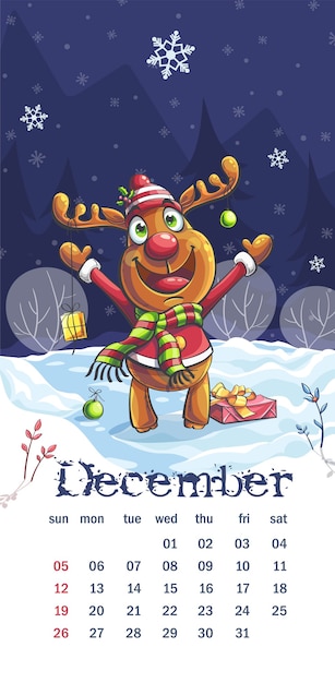 2021 calendar december. funny cartoon deer in night