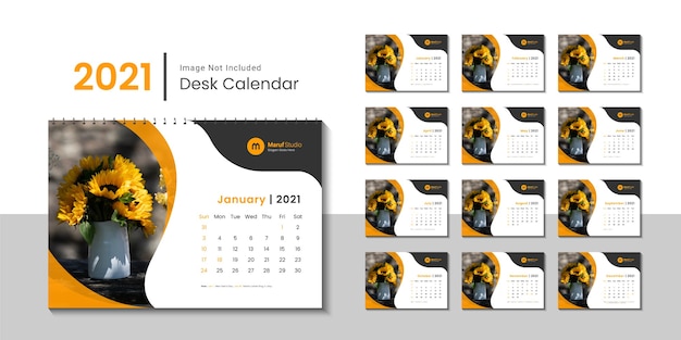 2021 desk calendar template with yellow color