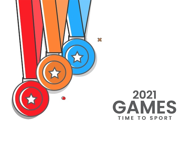 2021 games tijd om te sporten concept met driekleurige stermedaille hangen op witte achtergrond.