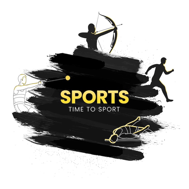 2021 Games, Time To Sport Concept With Various Athletics In Action Pose And Black Brush Effect On White Background.