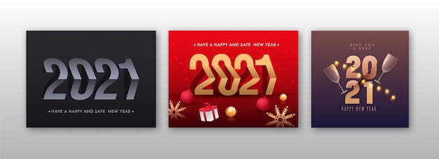 2021 gelukkig en veilig nieuwjaarsviering posterontwerp in drie kleurenopties