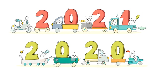 2021 Gelukkig Nieuwjaar concept met auto's. Cartoon doodle illustratie met kleine mensen bereiden zich voor op feest. Hand getekend voor kerst ontwerp.