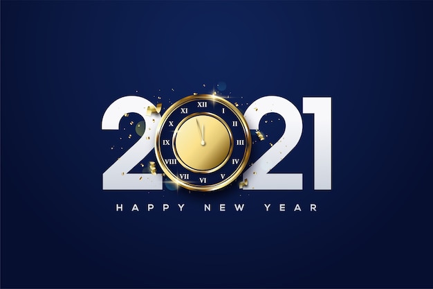 2021 gelukkig nieuwjaar met witte cijfers en gouden uren.
