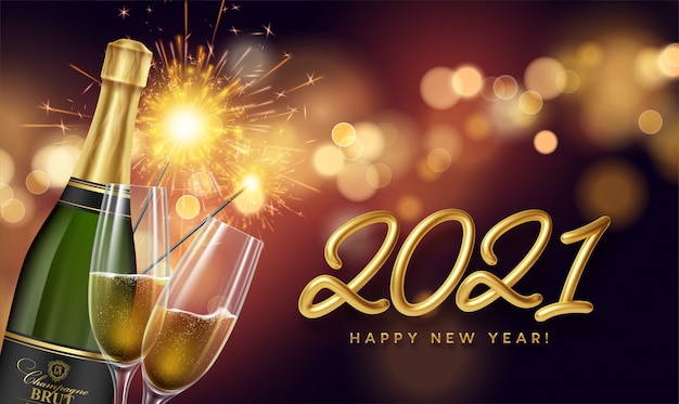 2021 золотая надпись новогодний фон с бутылкой и бокалами шампанского и светящийся свет боке
