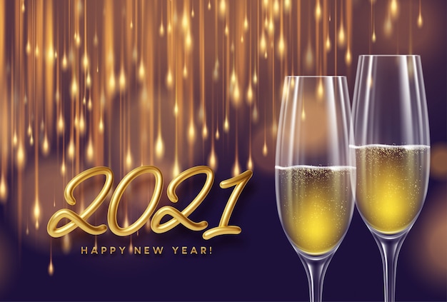 2021 golden lettering in new year background with glasses of champagne