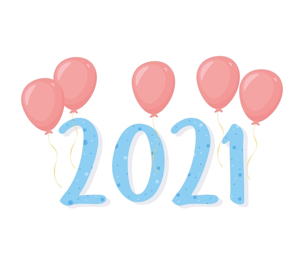 2021 happy new year, balloons decoration blue numbers card illustration