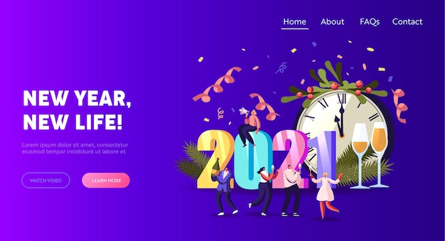 2021 Happy New Year Celebration Landing Page Template. Tiny Characters Have Fun, Drinking Champagne at Huge Chiming Clock Greeting Each Other and Dancing Celebrate. Cartoon People Vector Illustration