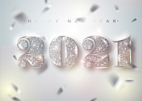 2021 happy new year. diamonds numbers and falling shiny confetti.