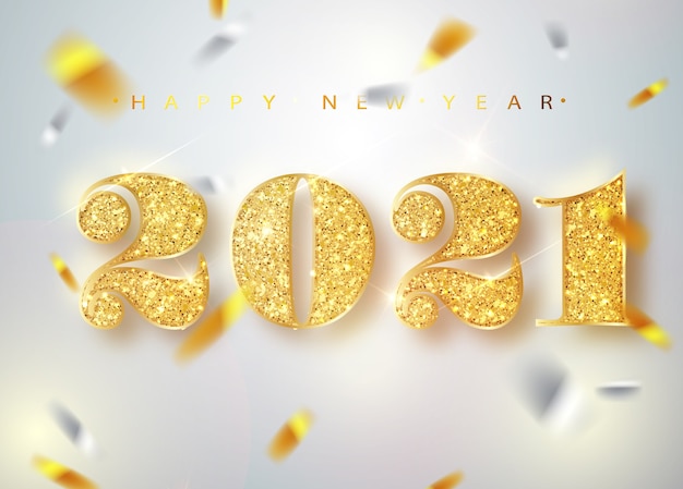 2021年明けましておめでとうございます。フォーリングシャイニー紙吹雪のグリーティングカードのゴールドナンバーデザイン。