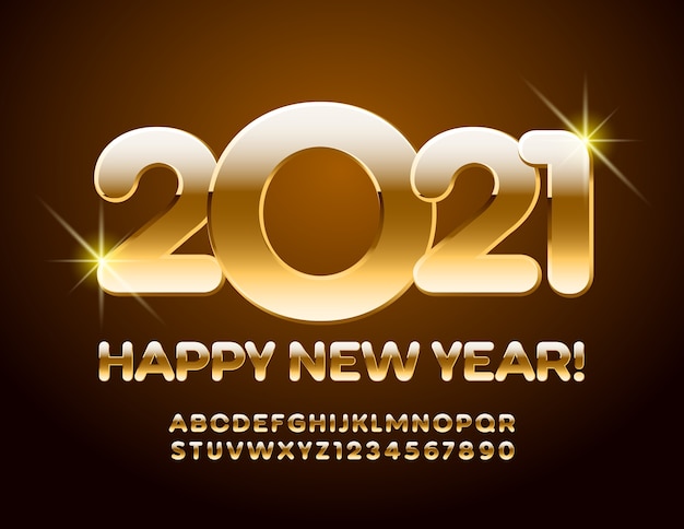 2021 새해 복 많이 받으세요. 황금 알파벳 및 숫자 글꼴 타이포그래피