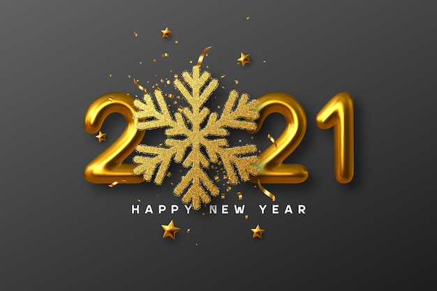 2021 Happy New Year sign. 3d golden glitter snowflake with tinsel, stars and 3d metallic golden numbers on black background.