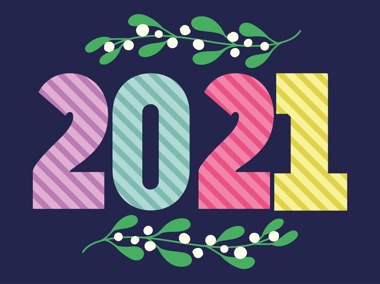 Vector 2021 happy new year, stripes number and mistletoe decoration card vector illustration