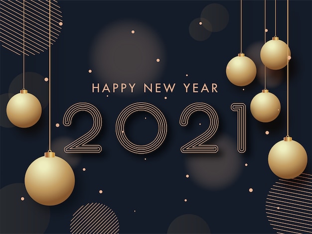 Vector 2021 happy new year text with hanging golden baubles