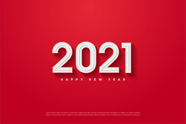 2021 happy new year with 3d white numbers embossed on a red background