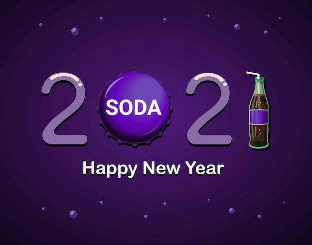 2021 felice anno nuovo con bottiglia di soda viola e tappi tema concetto illustrazione vettore