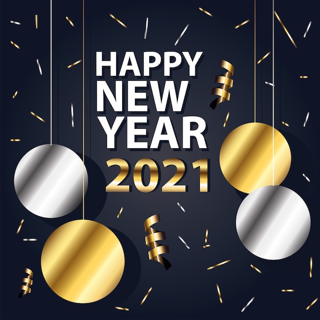 2021 felice anno nuovo con sfere che pendono design in stile oro e argento, benvenuto festeggia e saluta