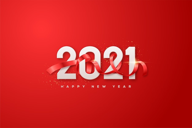 2021 happy new year with white numbers and a red ribbon covering the numbers.