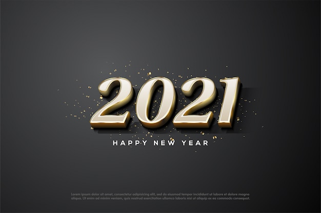 2021 happy new year with white numbers with 3d gold stripes