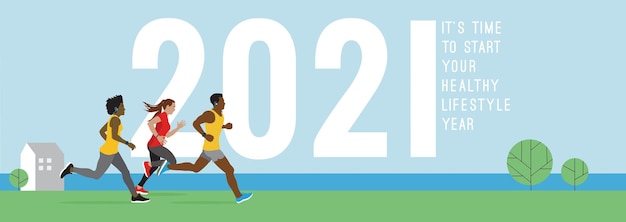 2021 год - время начать свой здоровый образ жизни Векторный баннер года Разнообразные цвета кожи Молодые бегуны