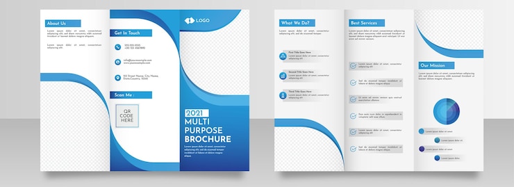 Vector 2021 multipurpose trifold brochure template layout with double-side in blue and white color.
