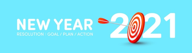 빨간 양궁 대상과 화살 아처가있는 2021 새해 해상도 배너 새해 2021 개념에 대한 목표, 계획 및 행동