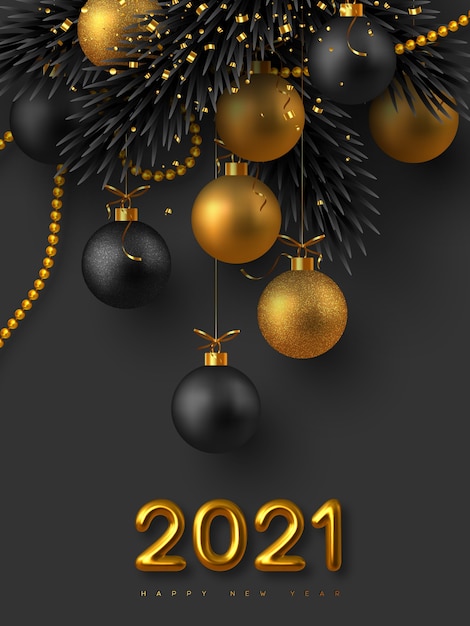 Vector 2021 new year sign. realistic 3d golden metallic numbers, glitter balls, fir-tree branches and golden beads with tinsel. christmas background.