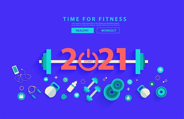 2021 nieuwjaar fitness concept training typografie alfabet ontwerp met apparatuur.