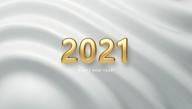 2021 realistische gouden 3D-inscriptie op de achtergrond van witte zijdegolf.