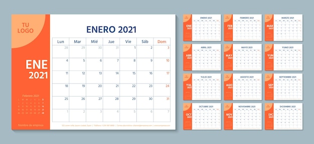 2021 spaanse planner. kalender sjabloon. week begint maandag. jaarlijkse kantoorbenodigdheden organisator.