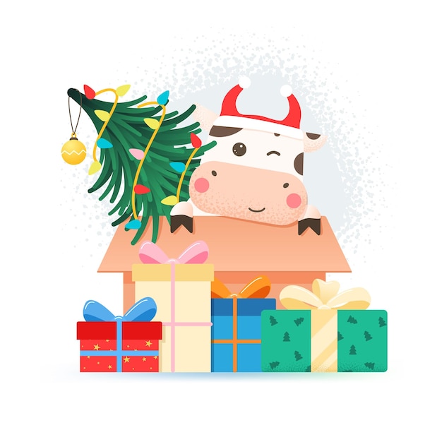 2021 year of the ox. happy cute bull in santa hat sitting in cardboard box with christmas tree.