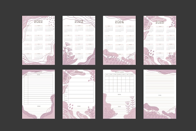 2022 202320242025カレンダーと毎日の毎週の毎月のプランナーコレクショントレンディな手描きの有機的な形とほこりっぽいバラのニュートラルパレットの花の植物の要素