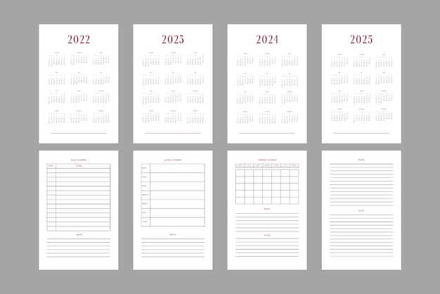 Vector 2022 2023 2024 2025 calendar and daily weekly monthly personal planner diary template monthly calendar individual schedule minimalist design for business notebook